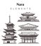 Set of hand-drawn Nara buildings, elements sketch  illustration