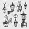 Set of hand drawn old street lamps. Ink sketch.