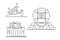 Set of hand drawn outline sketches of famous landmarks - Bolshoi Theatre in Moscow, Russia, Cruiser Aurora in St.Petersburg,