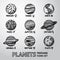 Set of hand drawn planet icons with names and