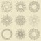 Set of hand drawn retro sunburst, fireworks or bursting rays design elements. Vintage style, grunge paper background.