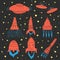 Set of hand drawn rockets. Space shuttle. UFO