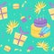 Set of Hand drawn seamless pattern with cute gifts, clouds, macaroons, cake and tropical leaves.