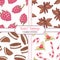 Set of hand drawn seamless patterns with raspberry, anise star, chocolate cookie and christmas candycane