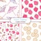 Set of hand drawn seamless patterns with strawberry, cherry, banana and cocktail umbrella. Sweet toppings backgrounds