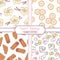 Set of hand drawn seamless patterns with vanilla, banana, waffles and marshmallow. Sweet toppings backgrounds