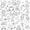 Set hand drawn sketch drawings for children`s toys. Doodle set of objects from a child`s life, black and white outline. Vector