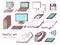 Set of hand-drawn sketch gadgets icons. Vintage PC, computer, 90s floppy disk, message box, watches, laptop. Retro technology elem