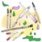 Set of hand drawn sketch vector materials artist. Stylized illustrations with drawing tools. Brushes, pen and pencils.