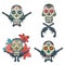 Set of hand drawn skulls with flowers and guns