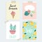 Set of hand drawn summer greeting or journaling cards. Tropical design with palm leaves, cactus, lemon fruit and ice