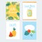 Set of hand drawn summer journaling cards, invitations with tropical fruit, flowers, and palm leaves. Vector