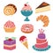 Set of hand drawn sweets and desserts - cake, ice cream, donut, croissant, pie, bakery.