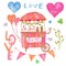 Set of hand-drawn Valentines icons with watercolor on a white background, a mobile rake with flowers and hearts lollipops, hearts