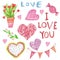 Set of hand-drawn Valentines icons with watercolor on a white background, pot with red flowers in the form of hearts, hearts with