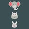 Set of hand drawn vector animals with grey colors collection. elephant, hippo, rabbit. illustration for sticker, label
