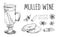 Set of hand drawn vector elements isolated on white. Mulled wine with spices and citrus fruit. Traditional winter