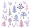 Set of hand drawn vector trees in scandinavian style. Collection of forest design elements. Vector illustration.