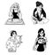 Set of hand drawn witches. Collection of black and white outline images of young magical females. Ouija board and pendulum