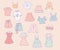Set of hand-drawn young girl clothes in peach pink and baby blue colors