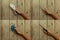 Set of hand father hold tools on old wooden background