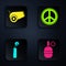 Set Hand grenade, Cannon, Dynamite bomb stick clock and Peace. Black square button. Vector