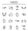 Set of hand icons in modern thin line style.