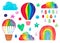 Set of hand-painted children`s clipart. Watercolor illustration rainbow balloon airship cloud decorative elements