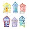 Set of hand painted, colorful watercolor beach huts