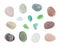 A set of hand-painted watercolor green polished sea glasses and various pebble stones in soft colors isolated on a white