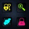 Set Handbag, Castle and key in heart shape, Heart and Search 8 March. Black square button. Vector