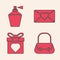 Set Handbag, Perfume, Envelope with 8 March and Gift box and heart icon. Vector