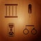 Set Handcuffs, Prison window, Old hourglass with sand and Feather pen on wooden background. Vector