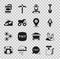 Set Handle detonator, Gem stone, Miner in helmet, Mining dump truck, Conveyor belt carrying coal, Dynamite and icon