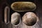 Set of handmade rustic wood bowls in Ecuador