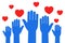 Set hands with hearts, charity work icon, organization of volunteers, raised helping hands, family community - 