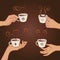 Set of hands holding coffee cups