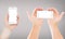 Set hands holding empty blank screen mobile phones  on gray background, vertical and horizontal empty display