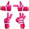 Set of Hands in Knitted Gloves isolated on white. Thumb Up, Pointing, Victory, Ok Sign
