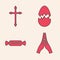 Set Hands in praying position, Christian cross, Broken egg and Candy icon. Vector