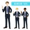 Set Handsome Business Man Pointing Up with Serious Face. Full Body Vector Illustration.