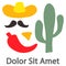 Set of handwritten decorative colorful design elements hand drawn in trendy style-hat, mustache, chili pepper, cactus, nachos