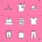 Set Hanger wardrobe, Polo shirt, Oktoberfest hat, Winter, Backpack, T-shirt, Pants and Sleeveless icon. Vector