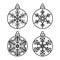 Set of hanging Christmas balls, New Year decorations. Round carved patterns with snowflakes. Lace stencils