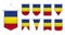 Set of hanging flags of the Romania with textile texture. Diversity shapes of the national flag country. Vertical