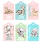 Set of happy birthday gift tags with cute baby animals.