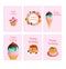 Set of happy birthday greeting cards on a pink background. A4 format greeting card set templates. Vector illustration