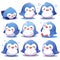 set of happy cute baby blue penguin