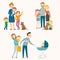 Set of happy families with kids and pets.