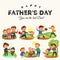 Set happy fathers day greeting card, dad fun with kids, parent of little childrens family vacation, daddy love holiday